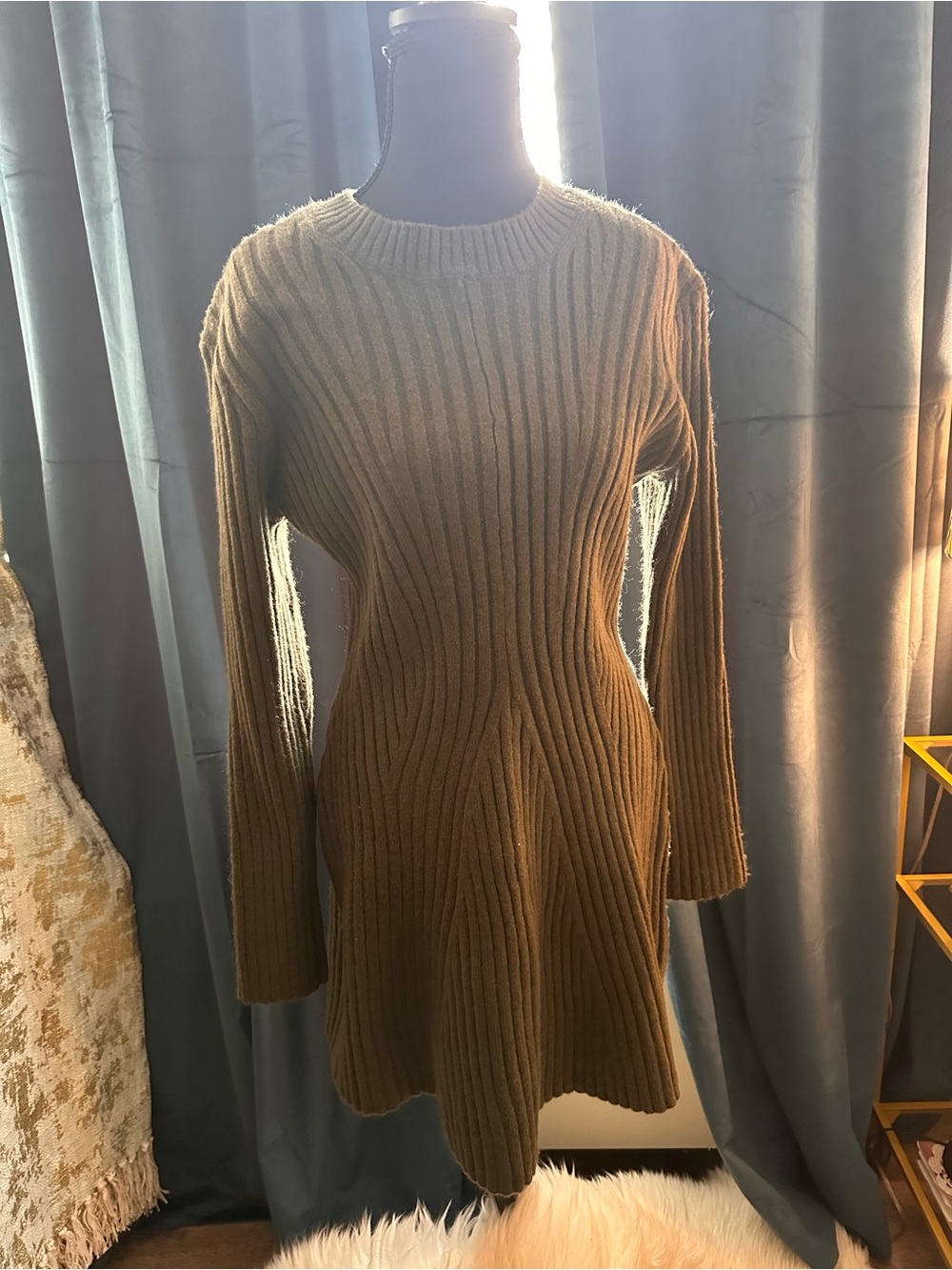 H&M Ribbed Knit Long Sleeve Sweater Dress - Green